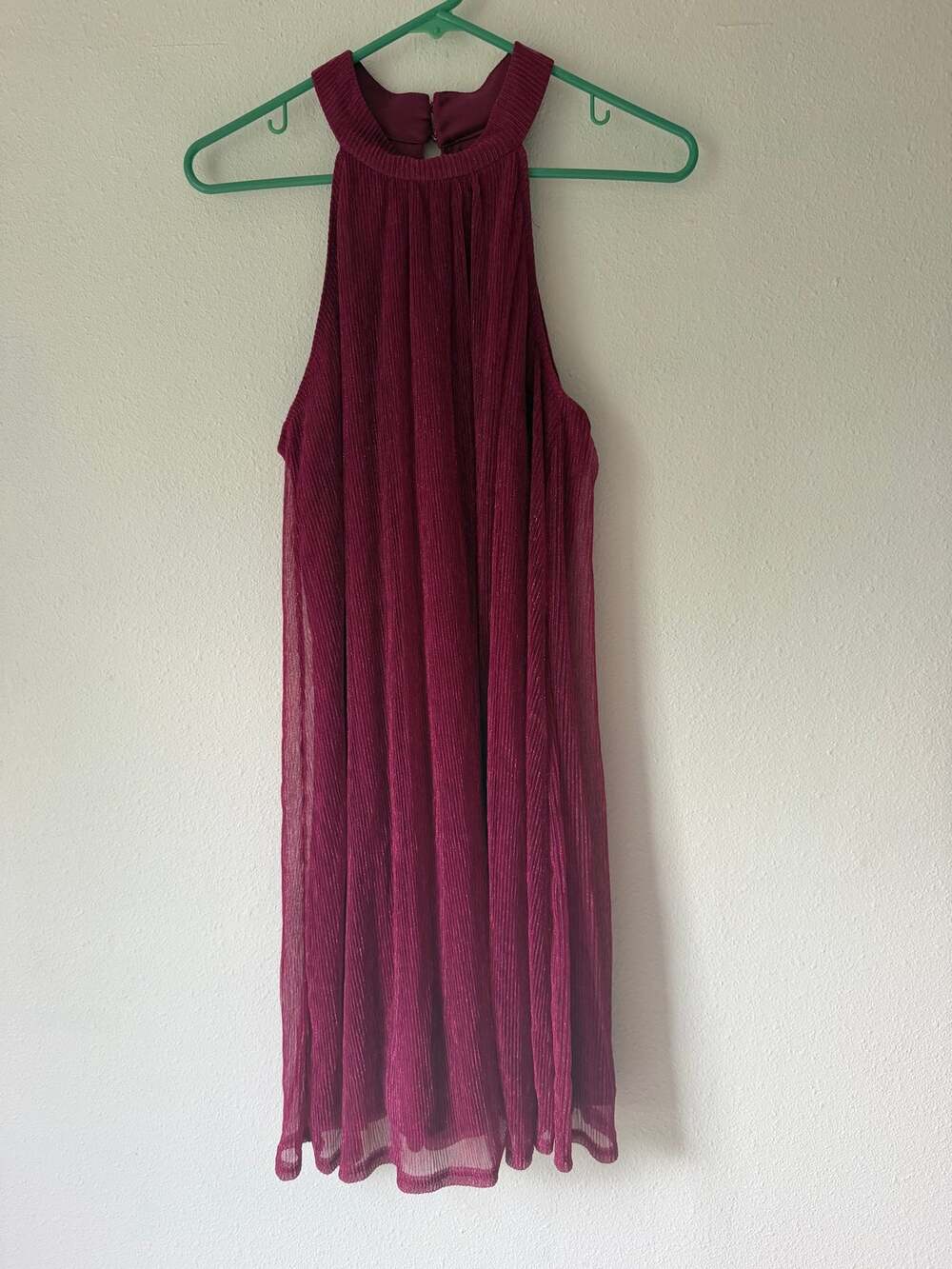 Magenta Pink Metallic Sparkly Halter Neck Pleated Mini Party Dress Size Large